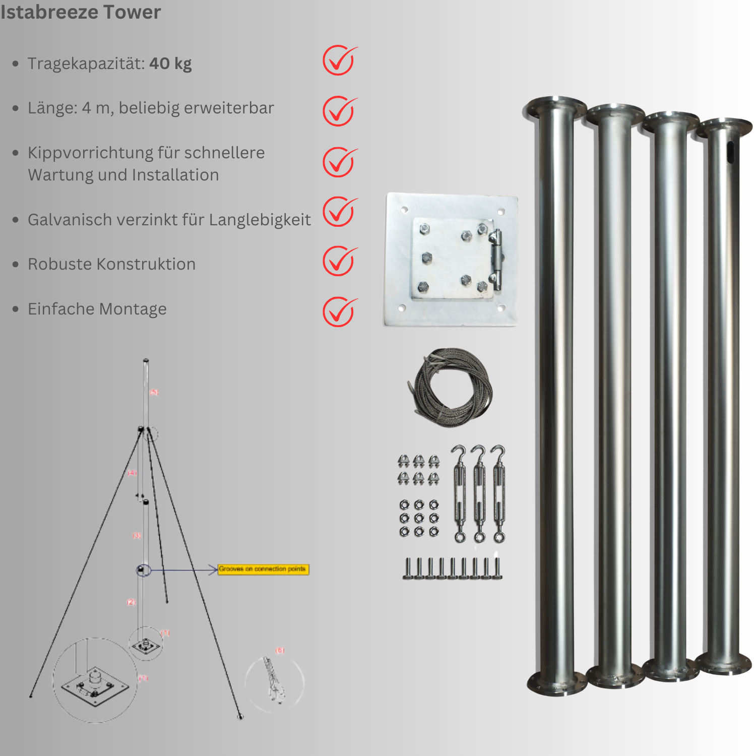 Mast Tower & Zubehör Tragfähigkeit bis 40 kg für Windgeneratoren von IstaBreeze®