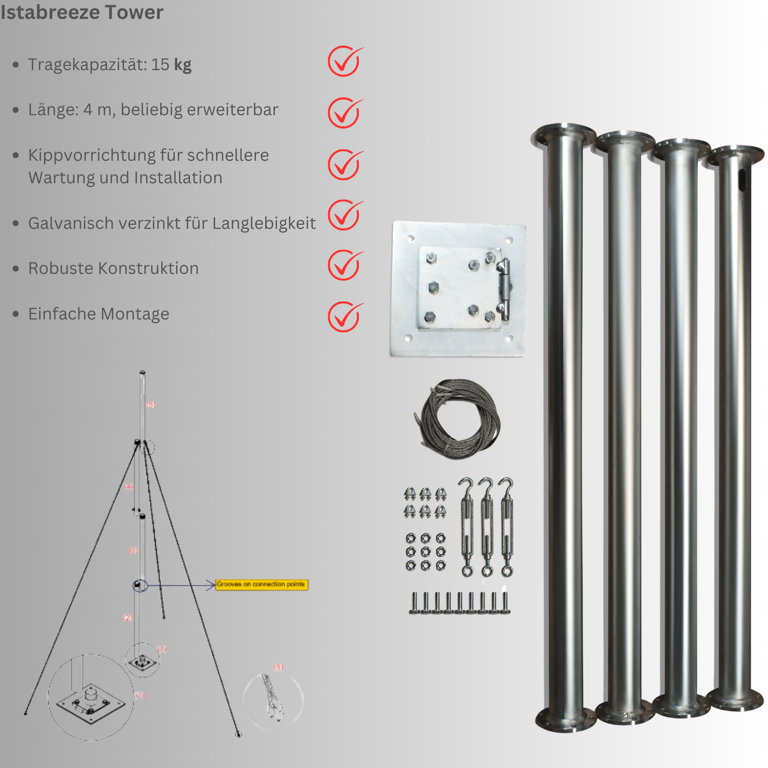Mast Tower & Zubehör Tragfähigkeit bis 40 kg für Windgeneratoren von IstaBreeze®